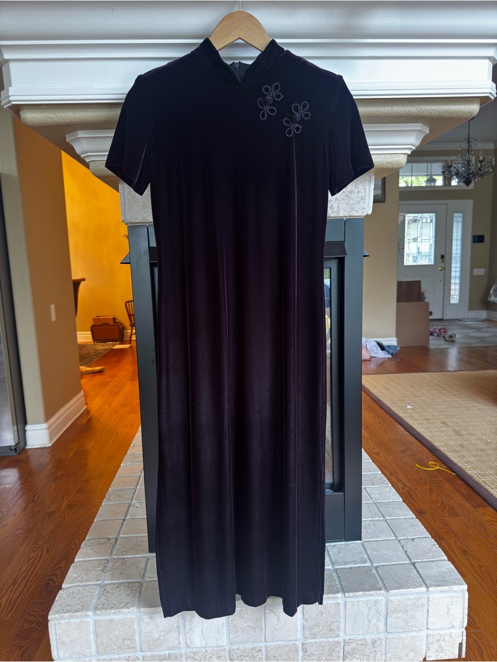 Vintage Y2K Asian Inspired Maxi Dress Deep Purple Velvet High Neck Size 6 Qipao